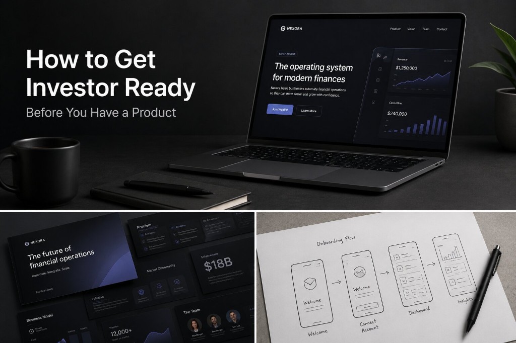 How to get investor ready before you have a product — startup website, pitch deck slides, and onboarding wireframes for NEXORA