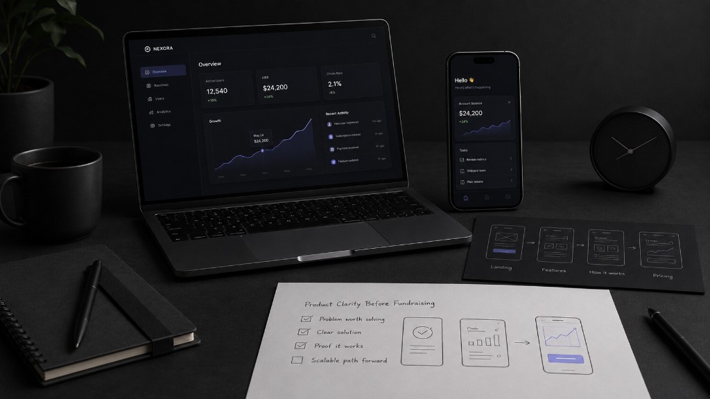 Hand-drawn product clarity checklist and wireframes before fundraising, with a SaaS dashboard on a laptop
