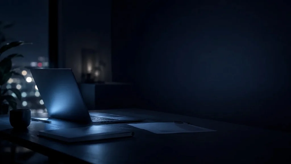 Founder working late at a desk with laptop glow — Niek Design Group Founder Product Sprint